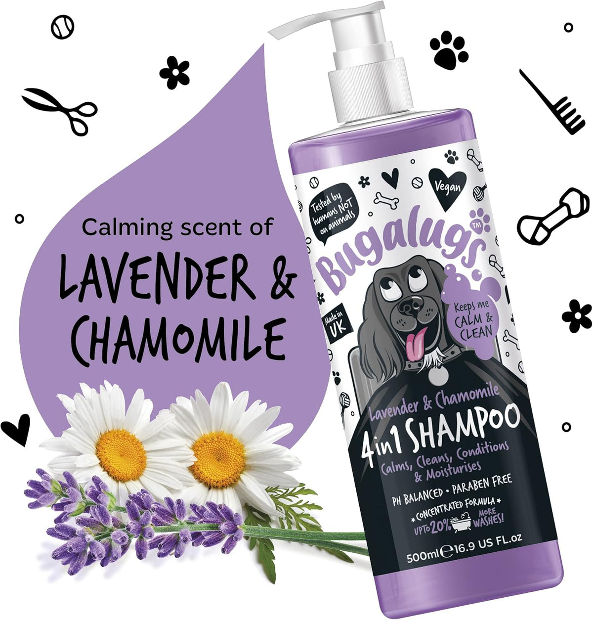 Bugalugs professional vegan dog shampoo and conditioner bottle packaging details