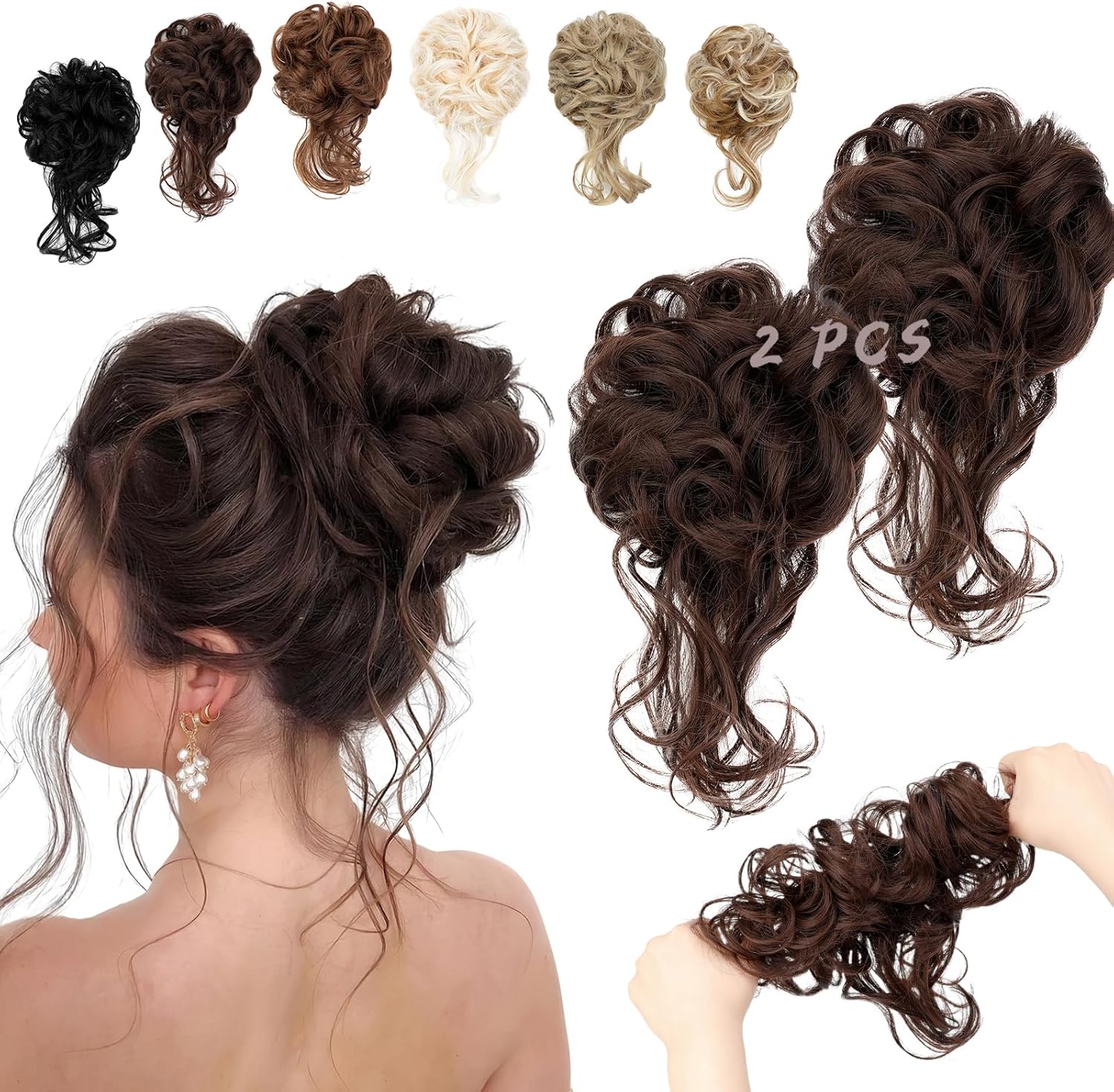 Anatomix 2PCS Messy Bun Hair Piece front view showing medium brown wavy curls