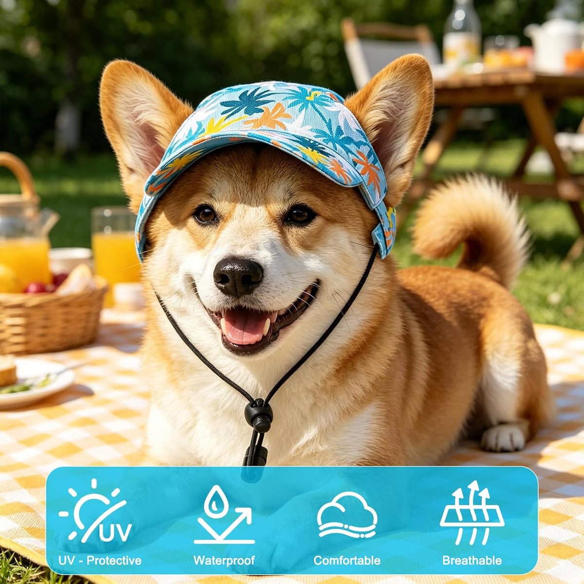 Small dog wearing blue baseball sun hat outdoors