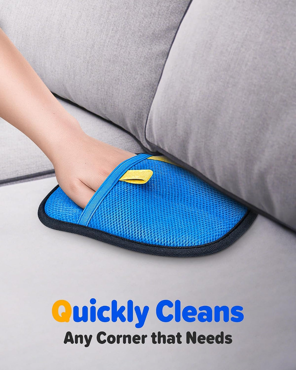 Blue pet fur catcher mitt removing cat hair from car seats and carpets
