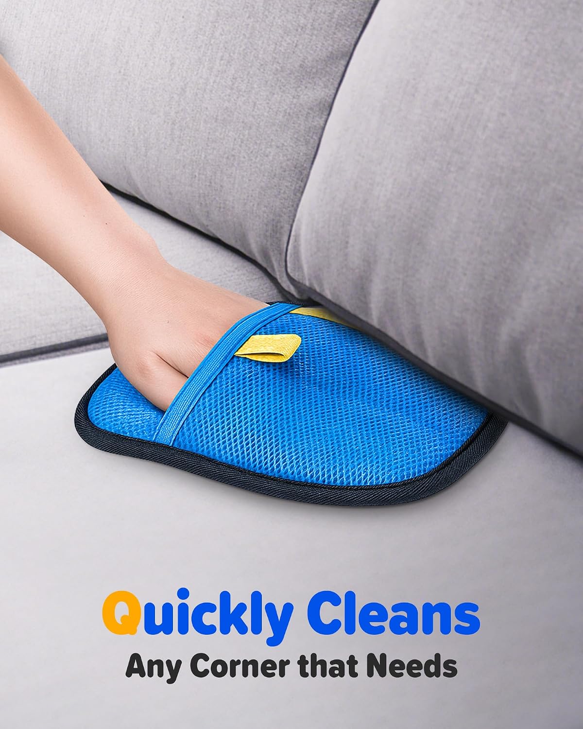 Blue pet fur catcher mitt removing cat hair from car seats and carpets