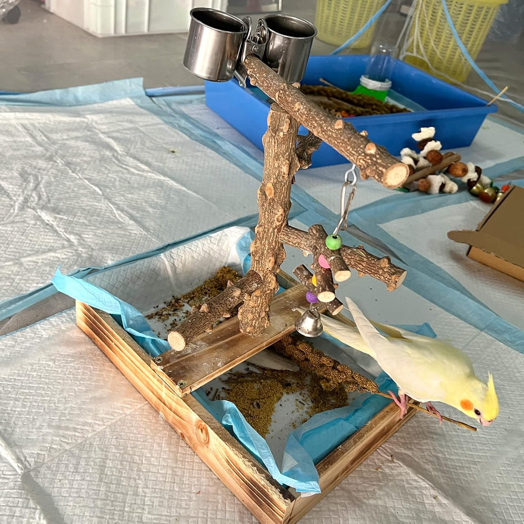 LIMIO Natural Wood Bird Toys Playground, Bird Cage Accessories, Bird Perches, with Removable Tray and 2 Stainless Steel Cups - Image 7