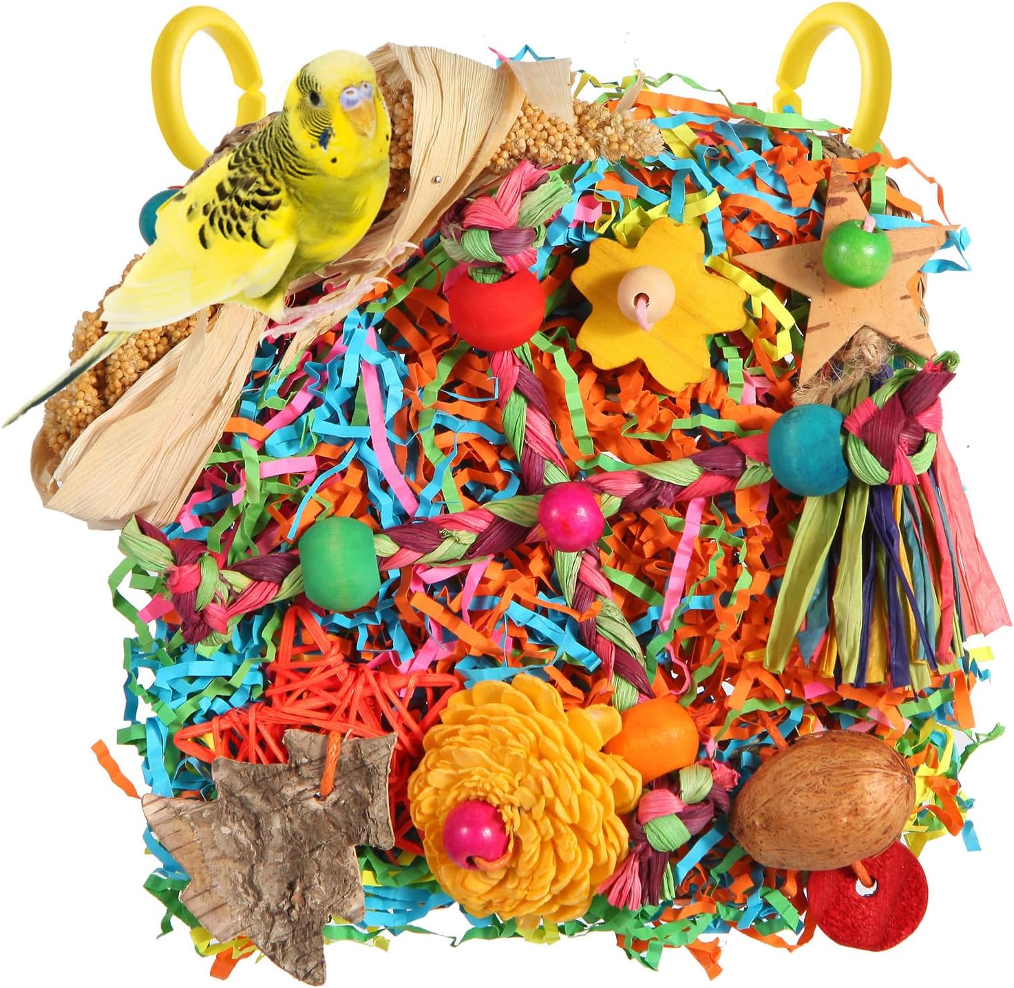 YIXUND lovebird activity wall packed in the Warm Sun color variant showcasing vivid bird safe components.