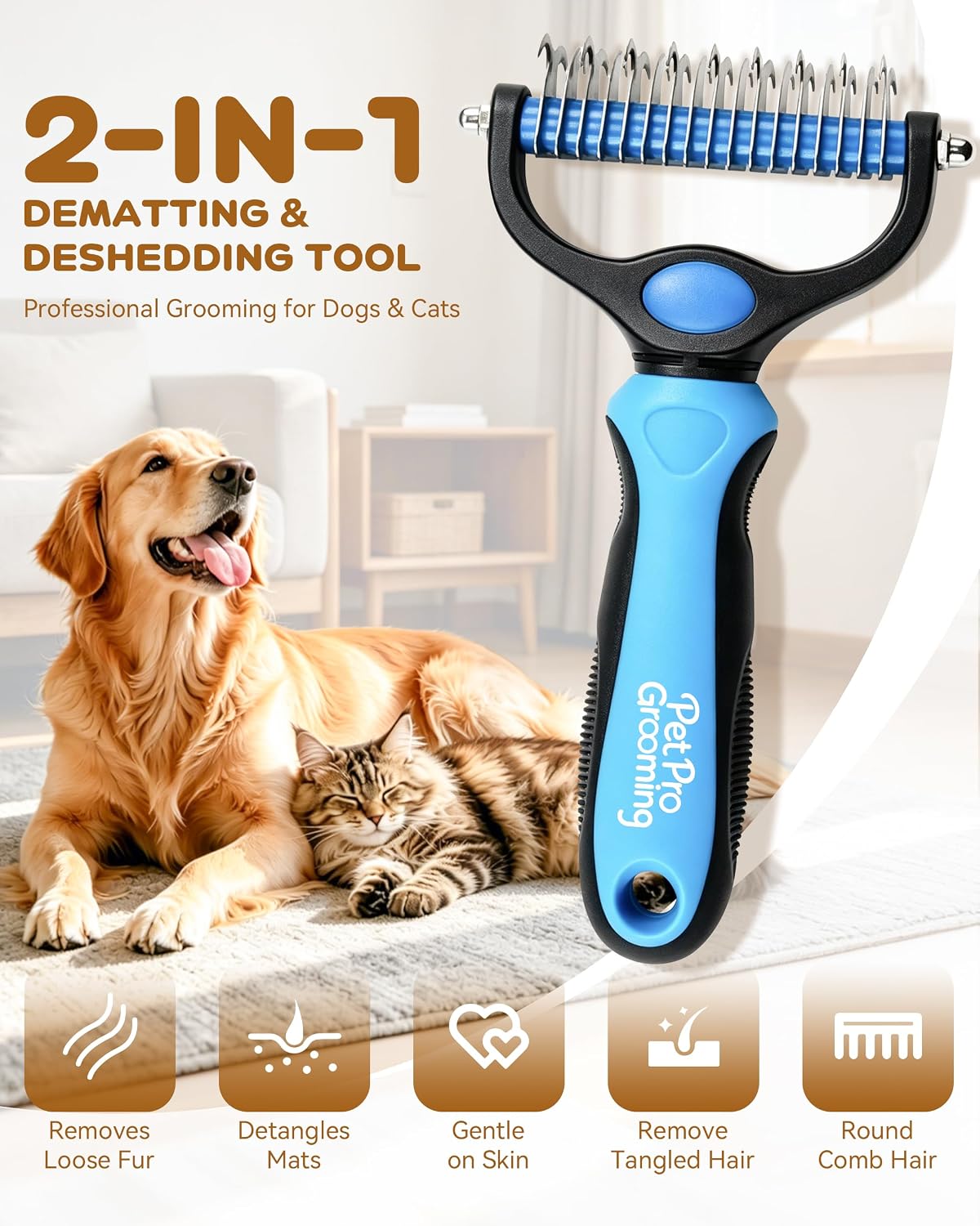 Close up of 9-tooth side of Pet Pro grooming rake for mats