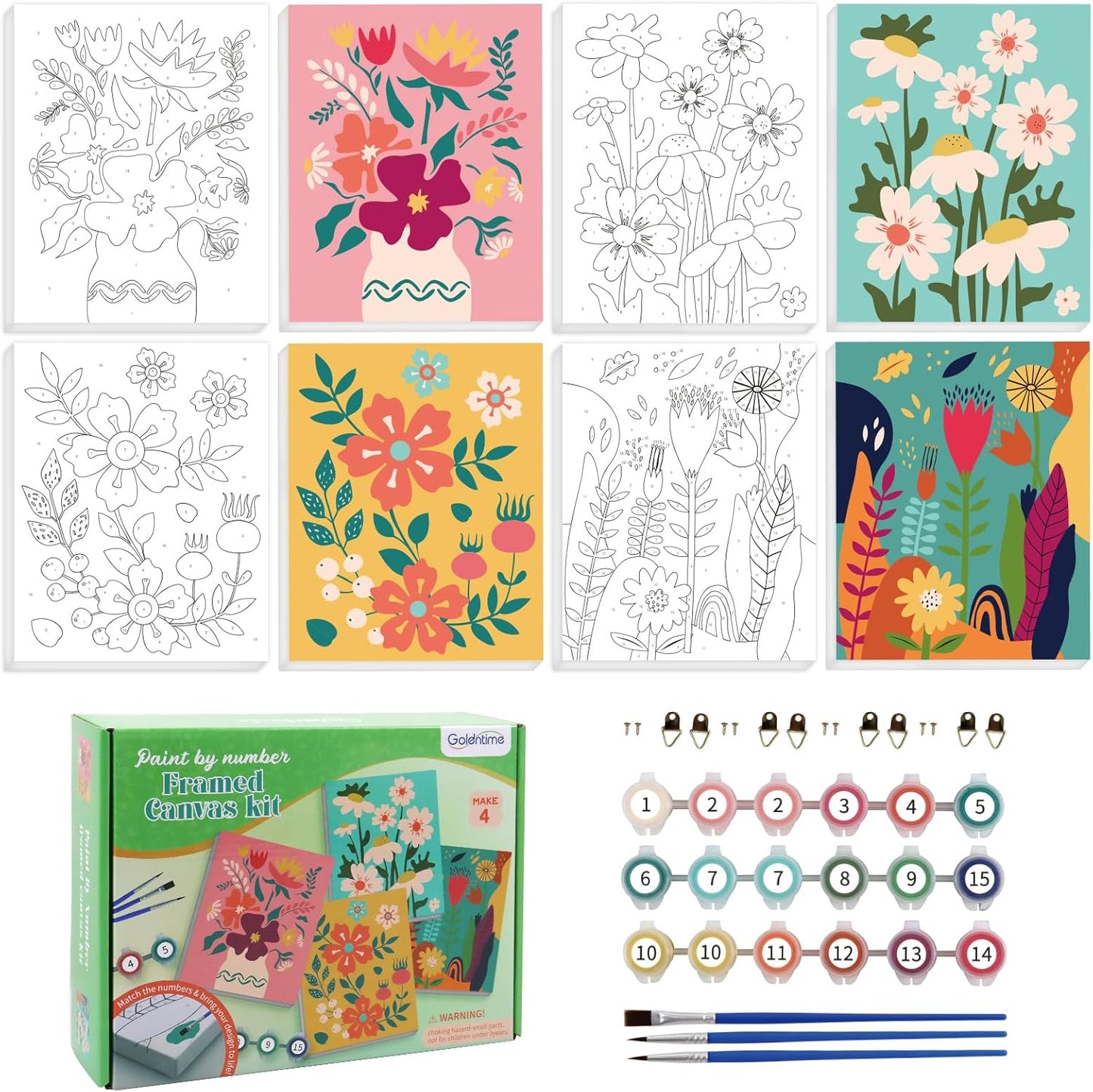 Goldentime Framed Paint by Numbers flower canvas painting kit front view showcasing four floral designs.