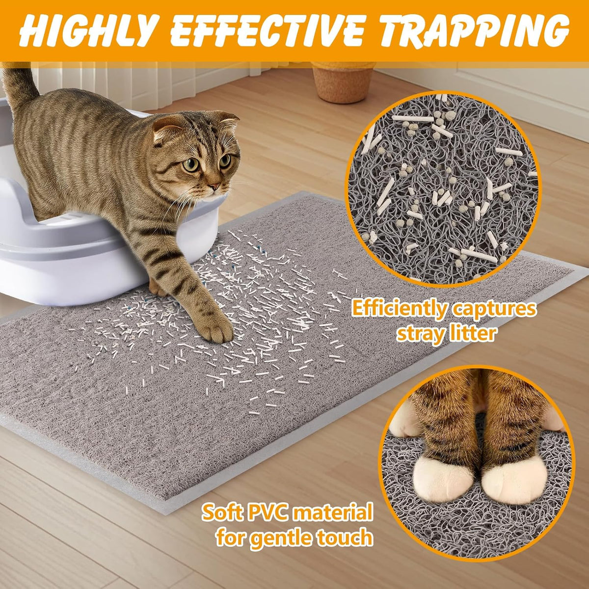 Demonstration of pouring trapped litter pieces back into the kitty box.