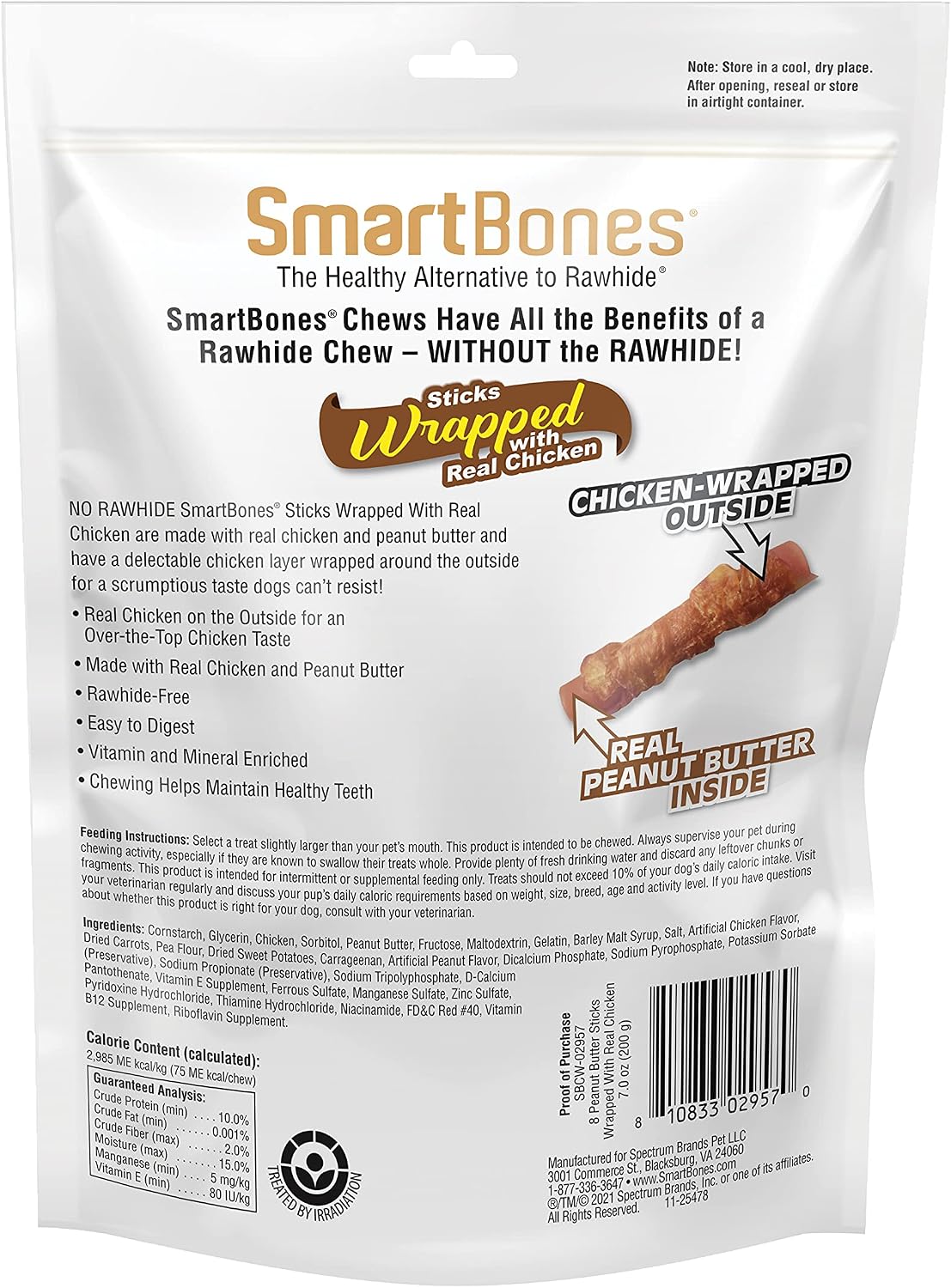 SmartBones peanut butter and chicken flavor pet treats showing the complete eight count contents