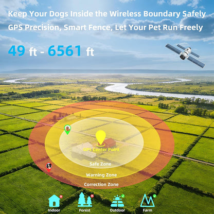 Rechargeable wireless electric dog fence collar shown with its magnetic USB charging cable connected.