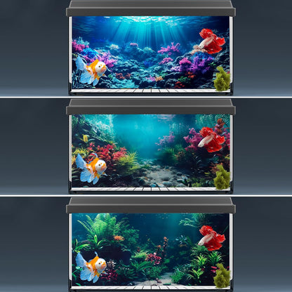 COMSUN ocean themed fish tank decoration sheet being applied easily to the back of a terrarium.