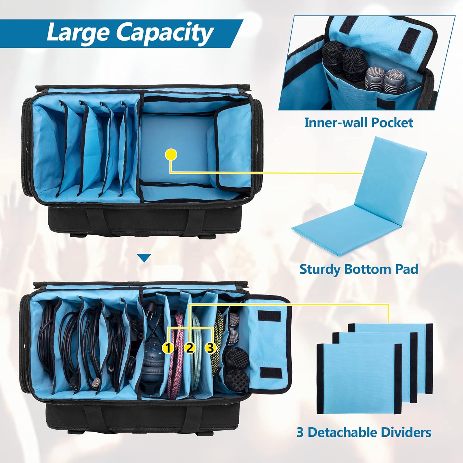 HODRANT travel cable file case open top view displaying customizable compartments and high visibility blue lining.