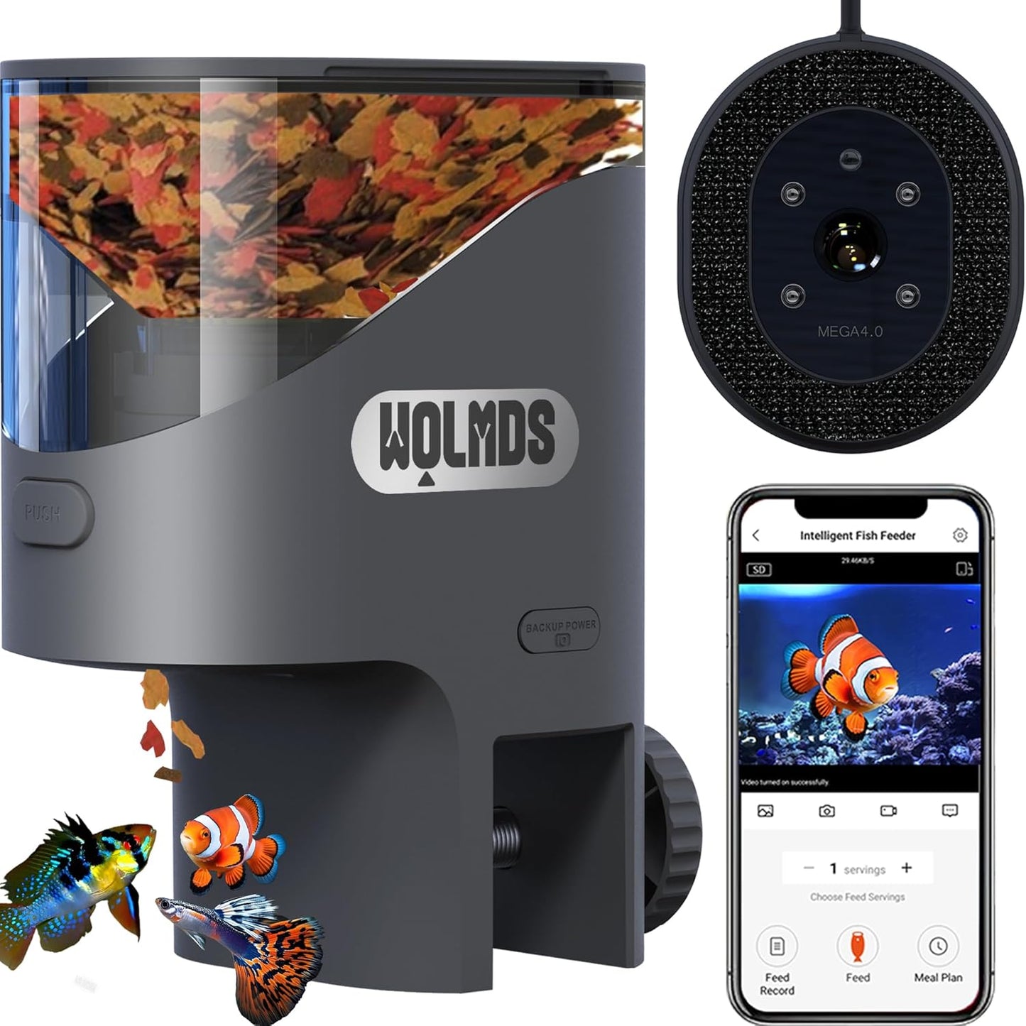 Wolmds WiFi automatic fish feeder with camera front view over aquarium tank