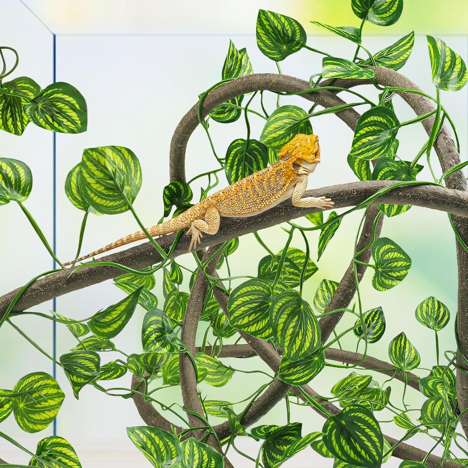 Crested gecko climbing on Quozuo bendable terrarium plants