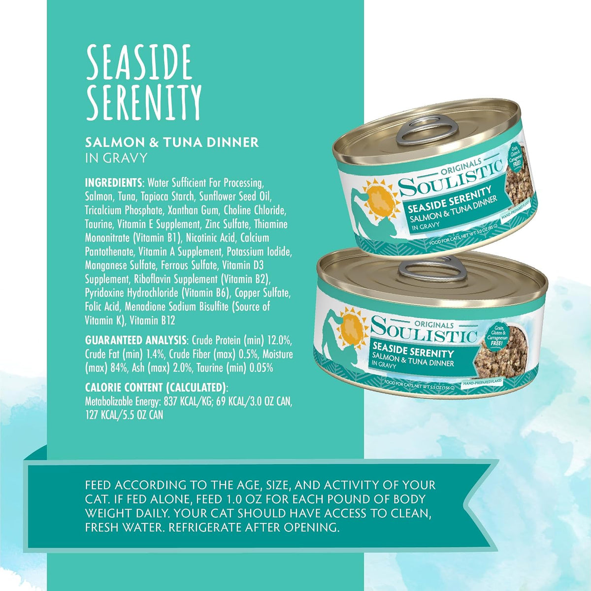 Close up of Soulistic cat food texture showing salmon and tuna flakes in gravy