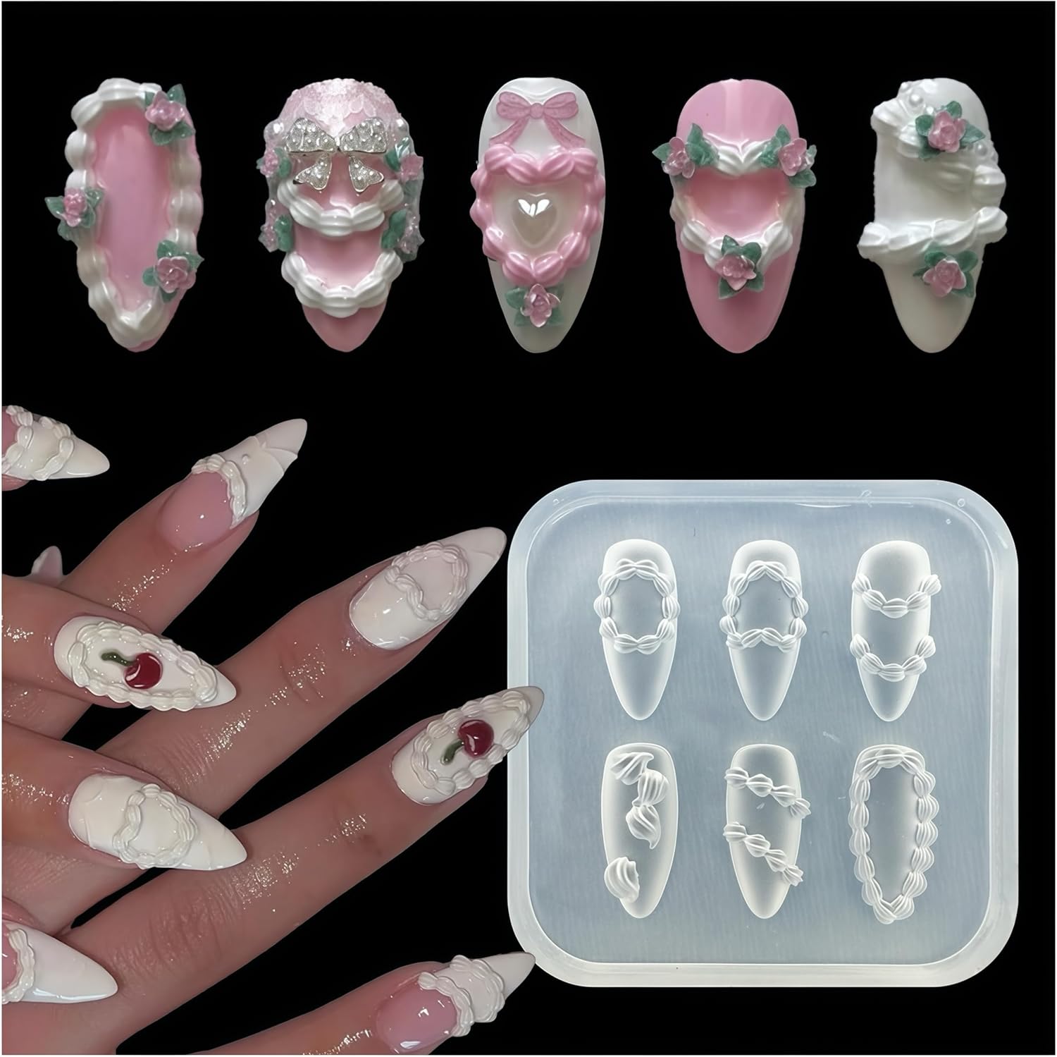 Gehaiwo 3D cake piping nail mold front view showing multiple transparent cavities for Japanese style decoden nail art charms.