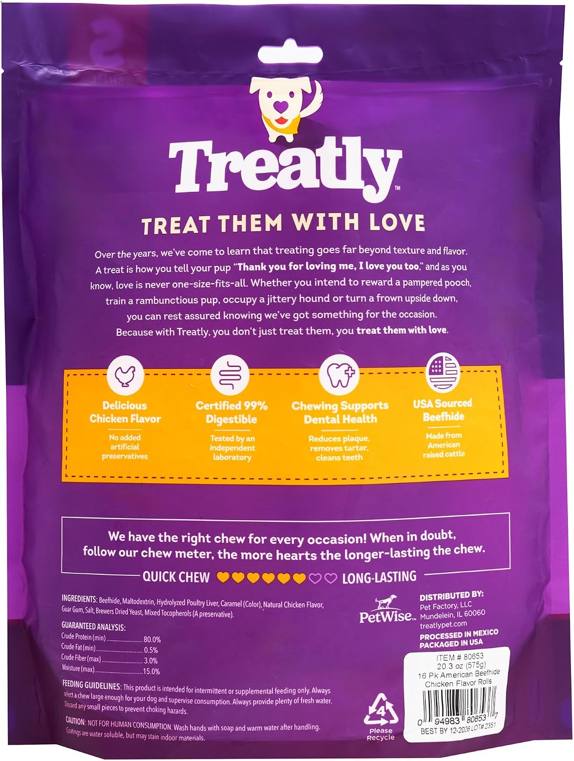 Close up view of the thick digestible rawhide dog chew chips from Treatly.