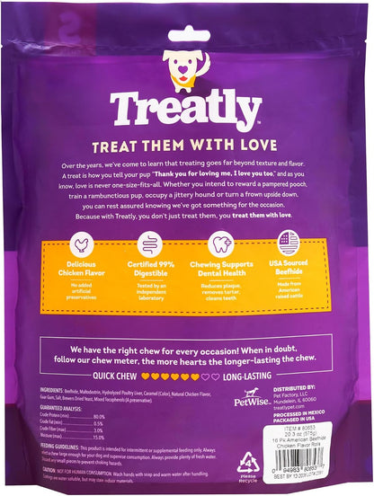 Close up view of the thick digestible rawhide dog chew chips from Treatly.
