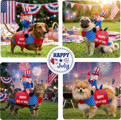 Back view of the 250th anniversary funny patriotic dog outfit showing vibrant festive colors