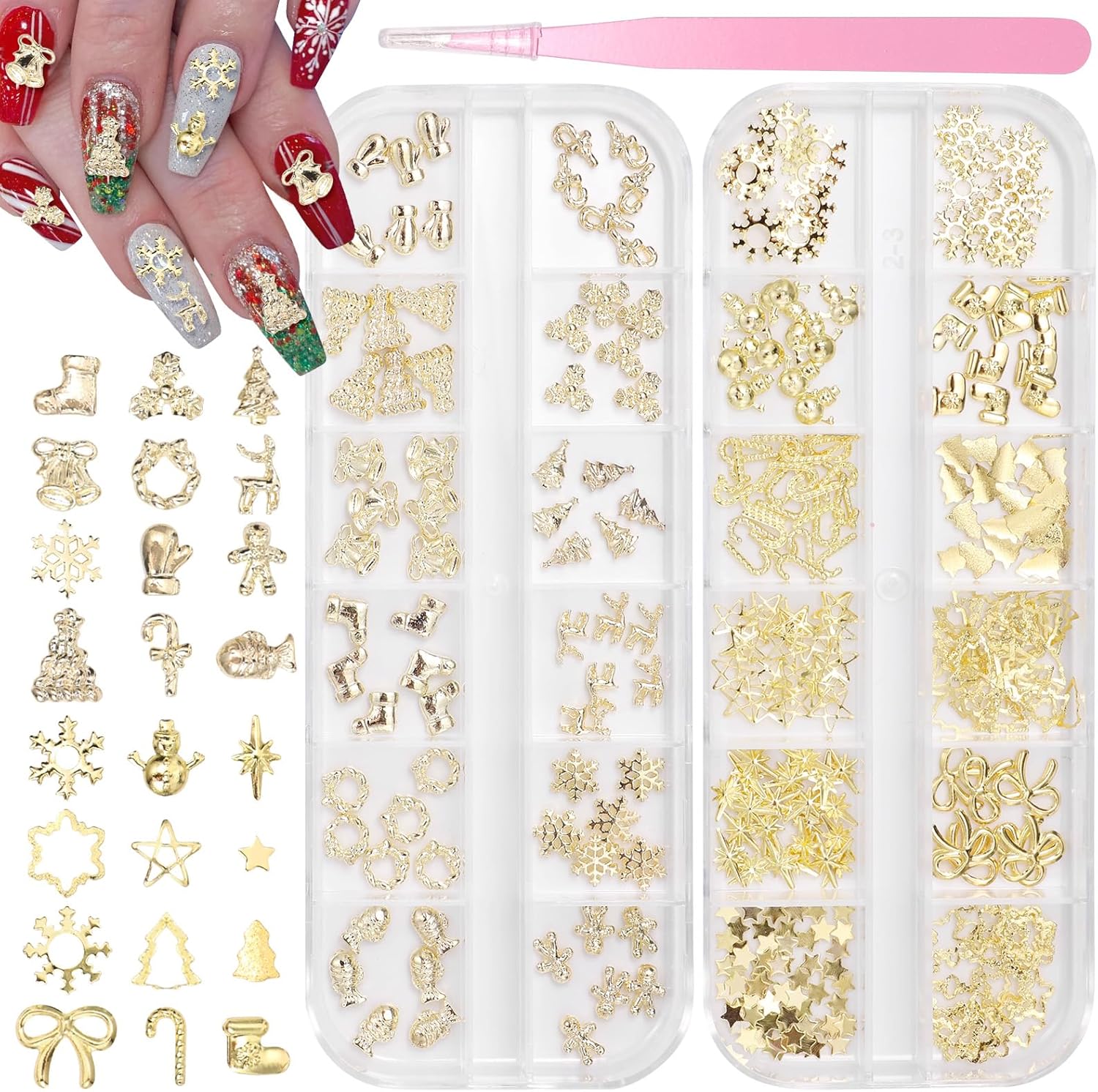 Tatiwoo Christmas gold snowflake nail charms in storage box