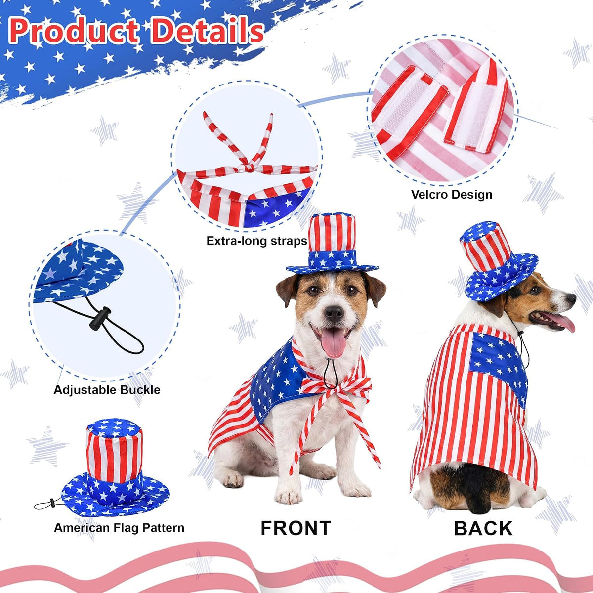 Vehomy patriotic pet outfit stars and stripes pattern details close up view.