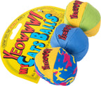Three durable cotton twill catnip toys for cats rolling on the floor.