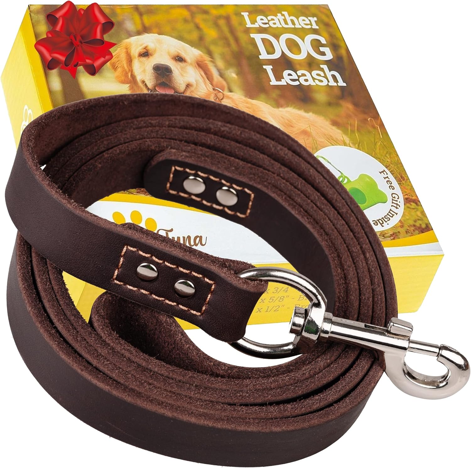 ADITYNA leather dog leash front view showing the premium brown genuine leather grain.