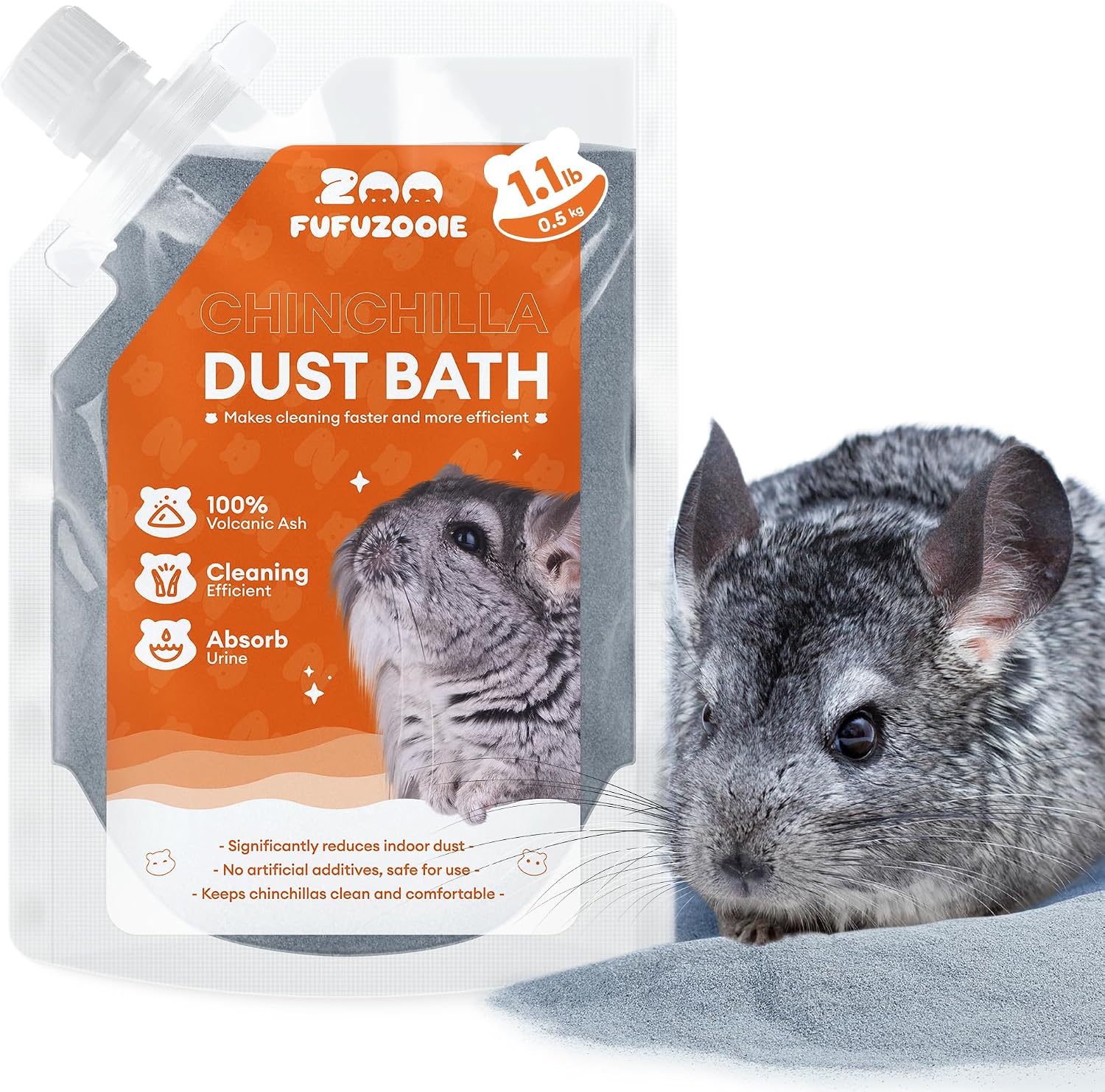 Fufuzooie chinchilla dust bath powder front view pouch for pet grooming