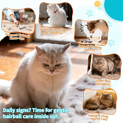 Indoor cat hairball remedy supplement with natural fibers and fish oil