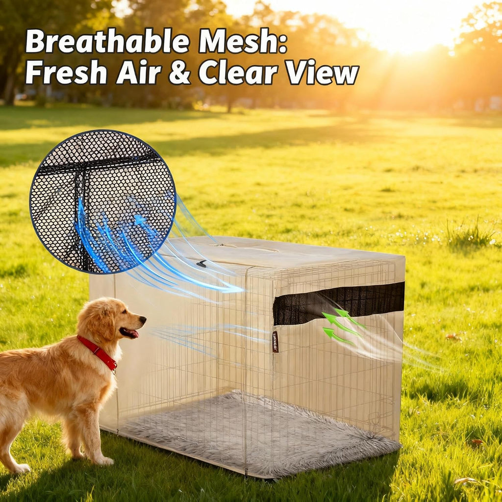 HiCaptain heavy duty pet kennel cover with rolled up side panels showing breathable mesh