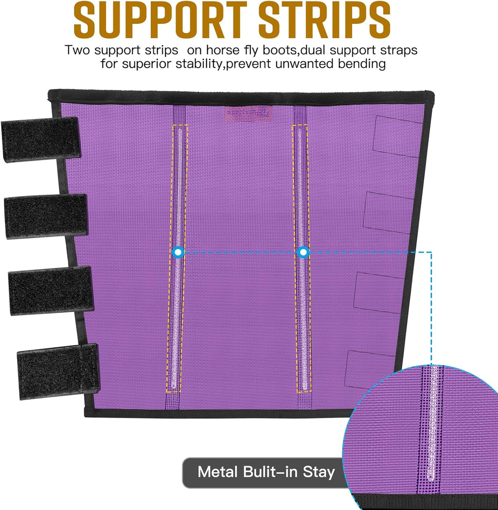 Four piece set of purple mesh equine fly boots laid out flat.