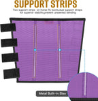 Four piece set of purple mesh equine fly boots laid out flat.