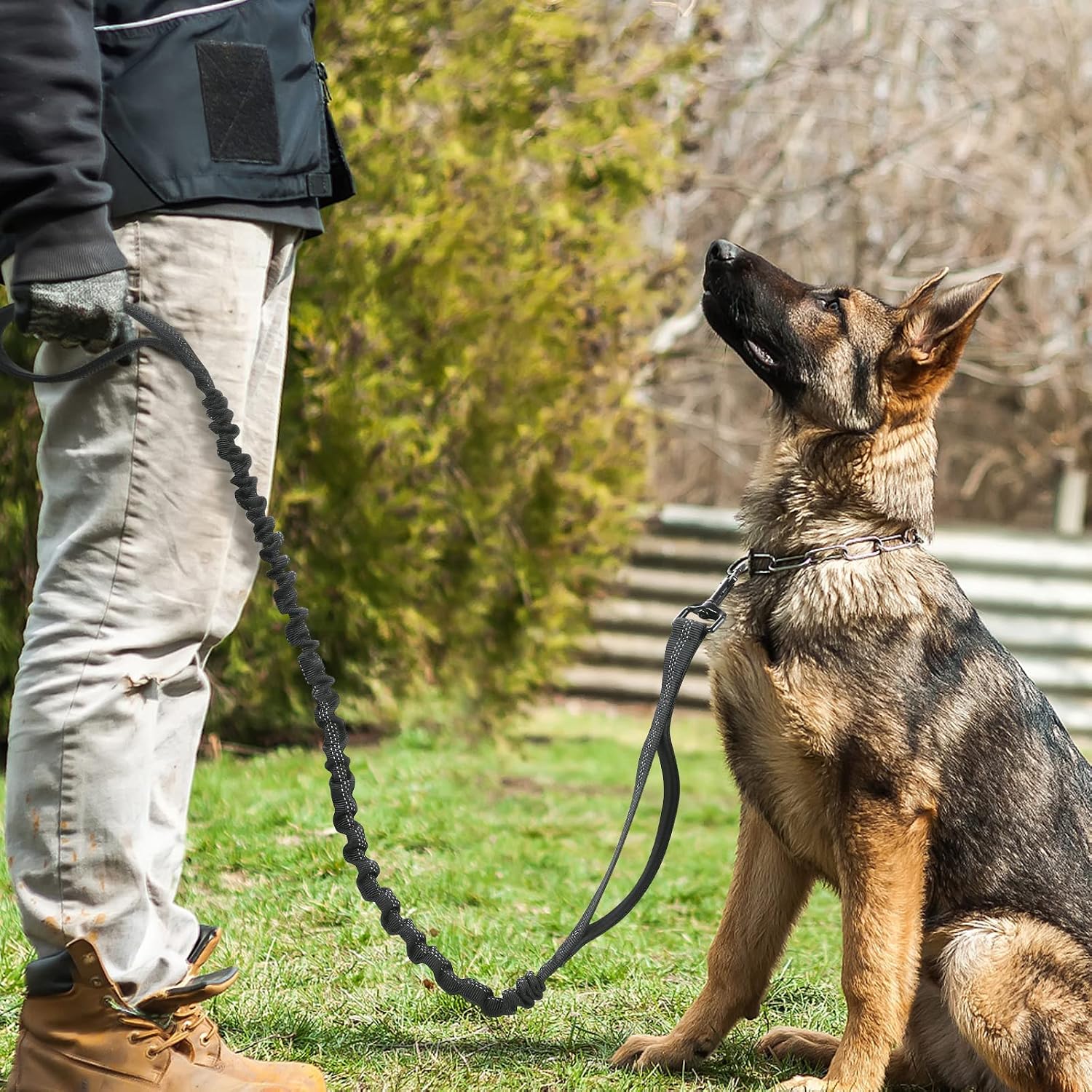 rabbitgoo Tactical Bungee Dog Leash with Shock Absorption, Military Training Leash with 2 Padded Control Handles for Medium Large Dogs, 5.2FT, Black - Image 9