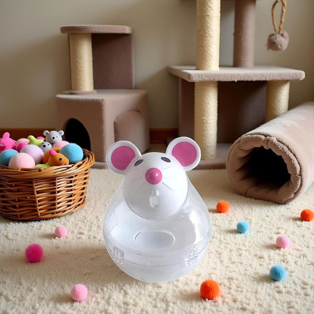 Top view of non-toxic plastic treat dispensing pet toy in beige