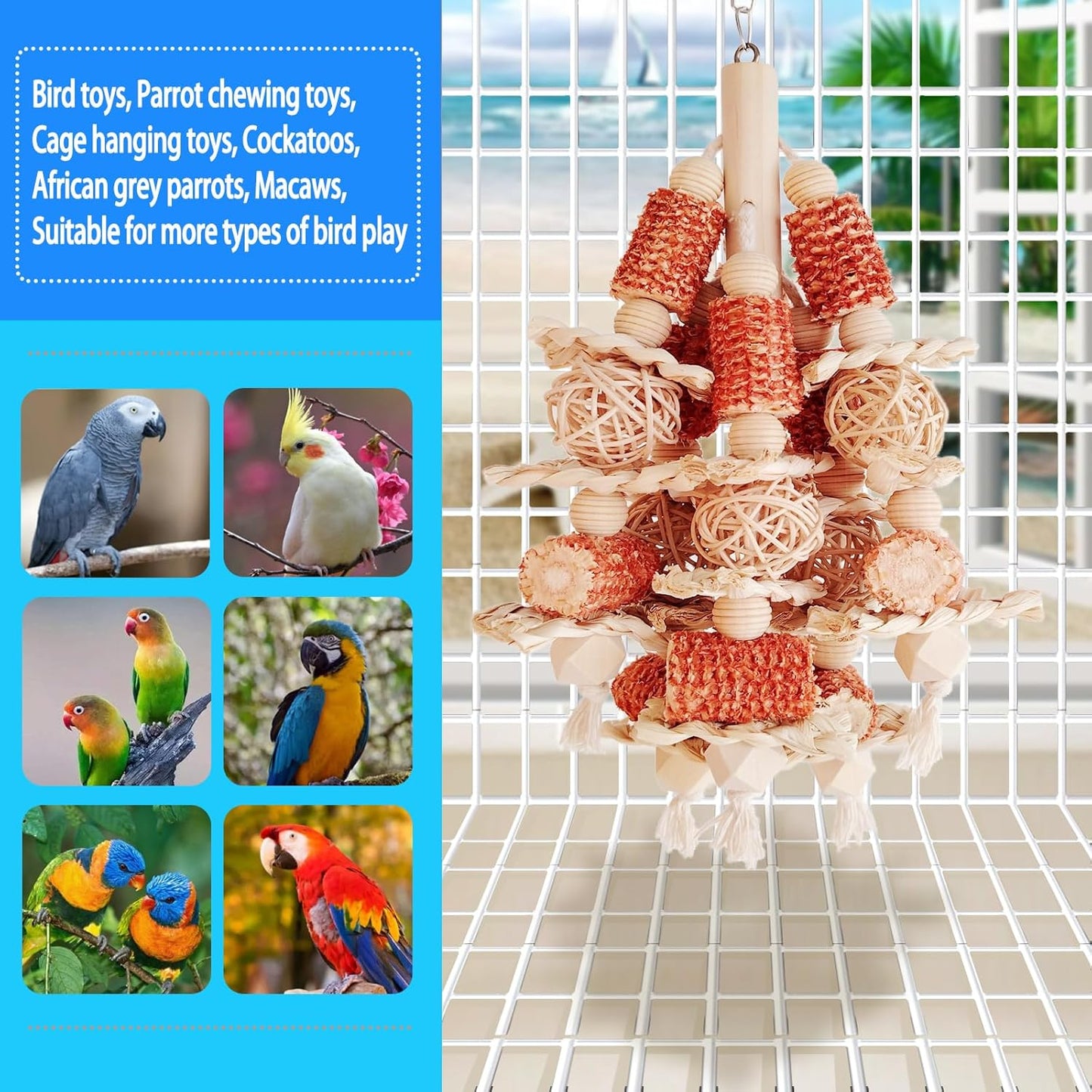 Kencunay parrot chewing accessory featuring rattan balls and wood beads