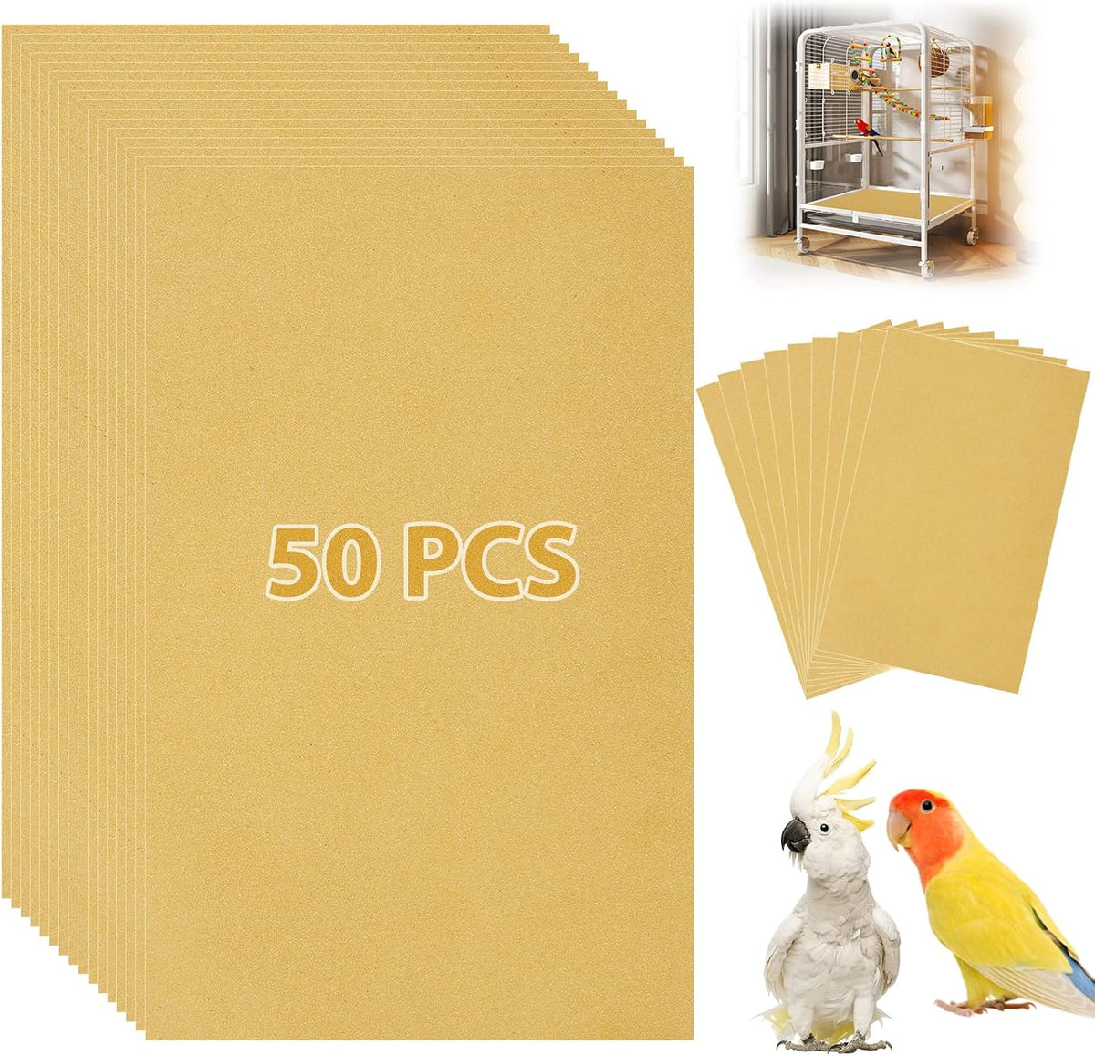 Small parrot standing on Oungy gravel paper cage liner