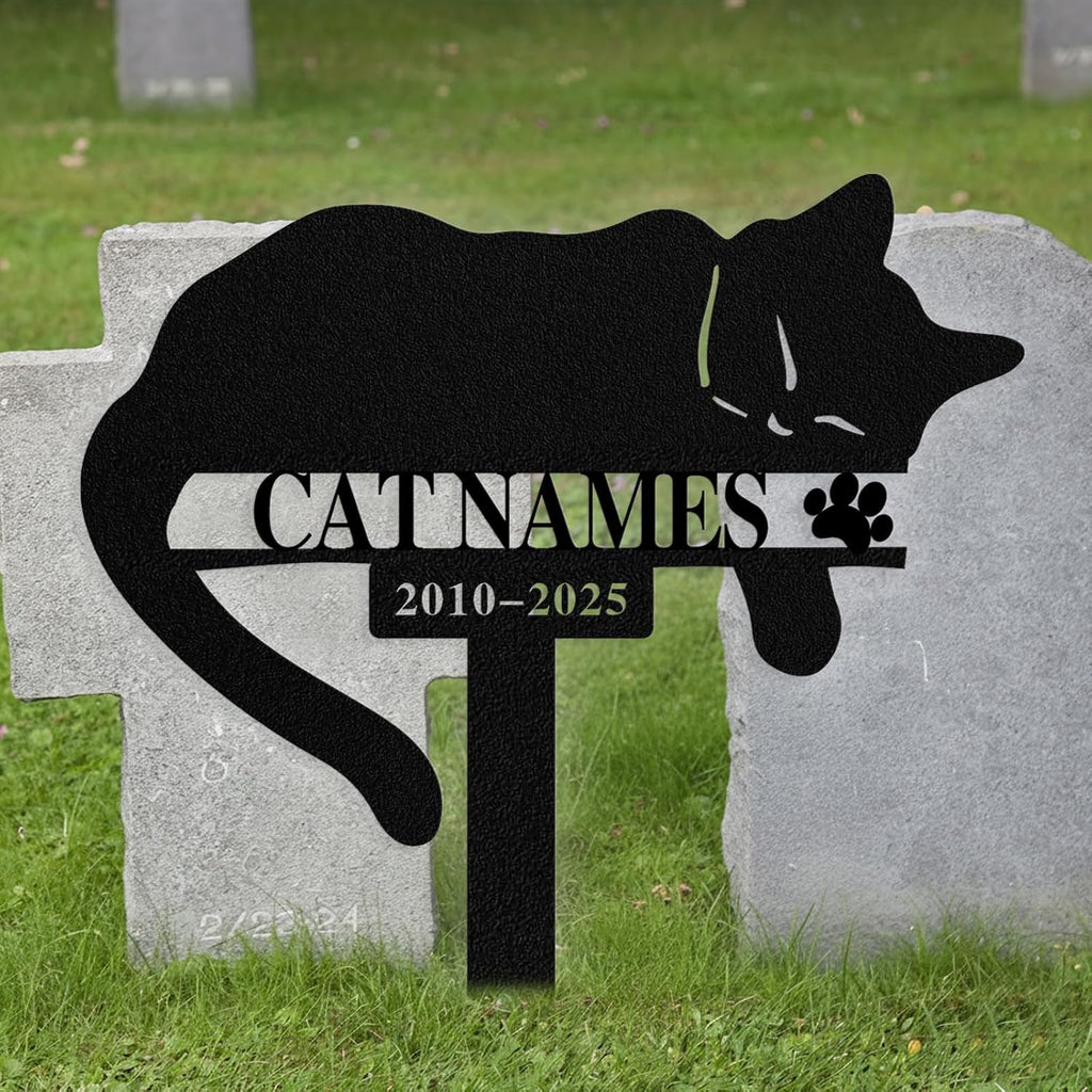 Custom metal pet remembrance sign showing name and date engraving layout options.