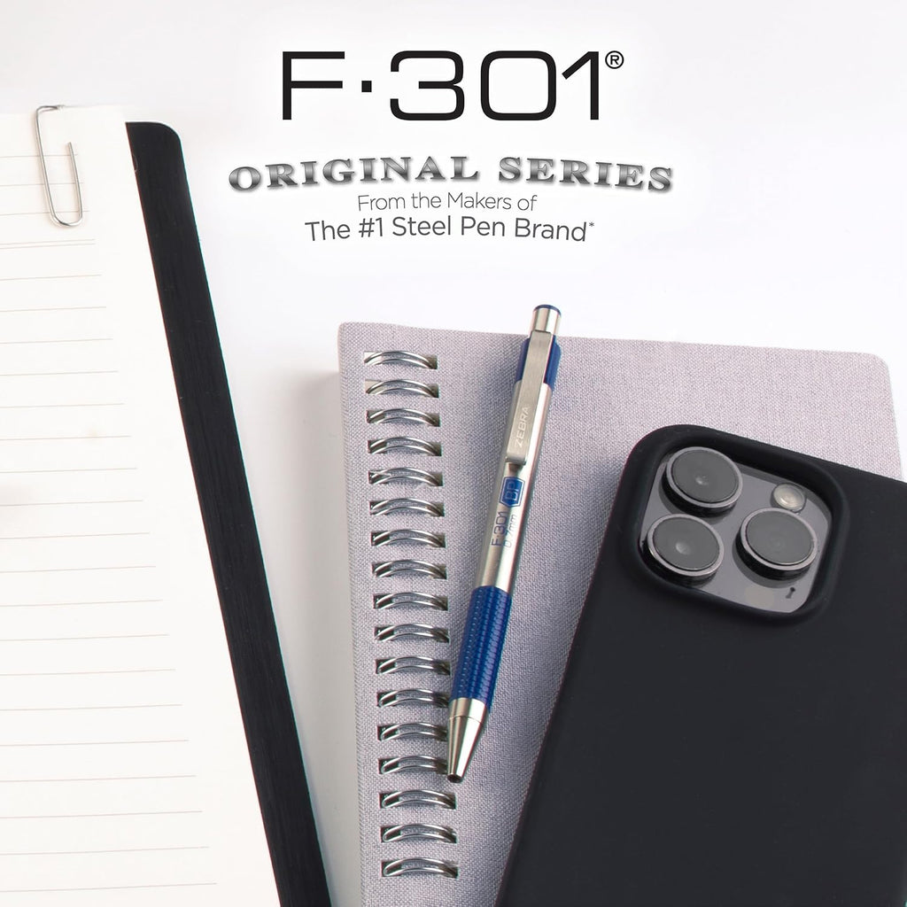 Zebra Pen F-301 Ballpoint Blue Ink Fine Point 0.7mm Pen, Easy-Glide Ink, Stainless Steel Retractable, Non-Slip Grip, Professional Design, Ideal for Office, Journal and Planner Use, 2-Pack (27122) - Image 7