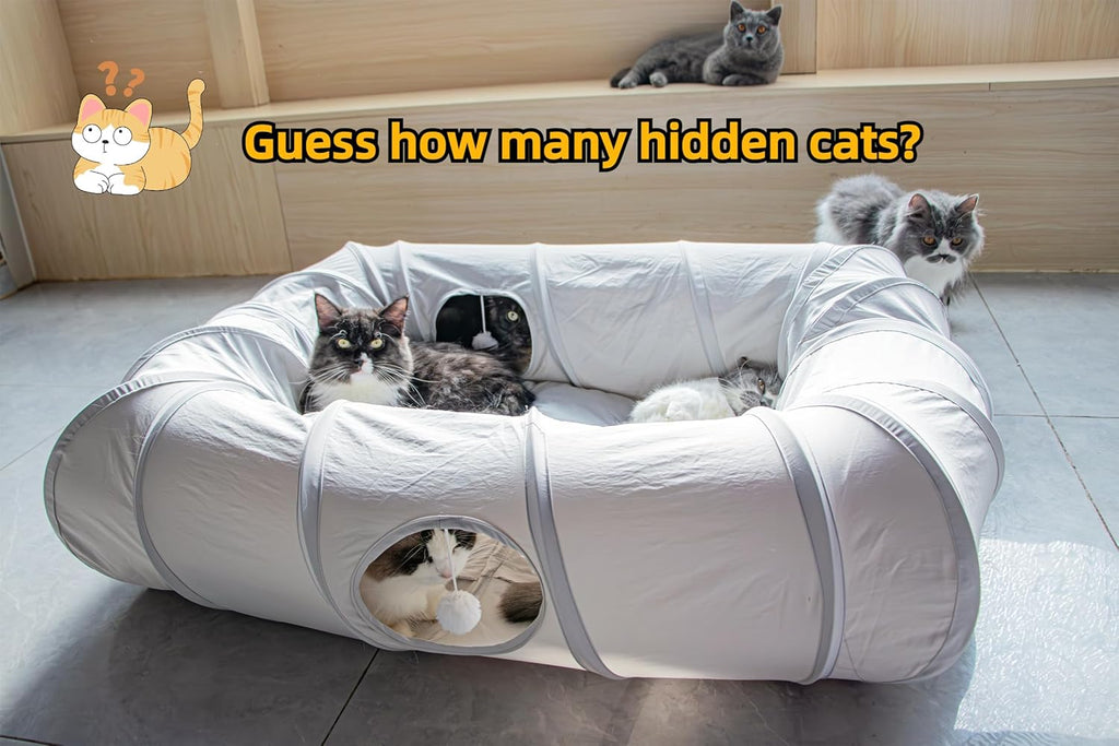XxingSheep extra large cat tunnel bed with a cat lounging comfortably inside the central cushioned cooling mat area.