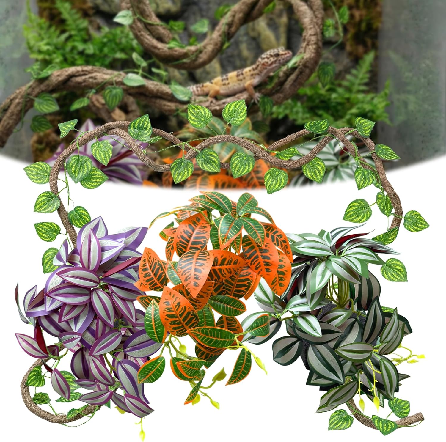 5 Pcs Reptile Plants & Habitat Decor Kit - 3 Artificial Phalaenopsis Orchid & Large 5ft Jungle Vine Branch, Terrarium Tank Decor & Climbing Accessories for Crested Gecko, Bearded Dragon - Image 10