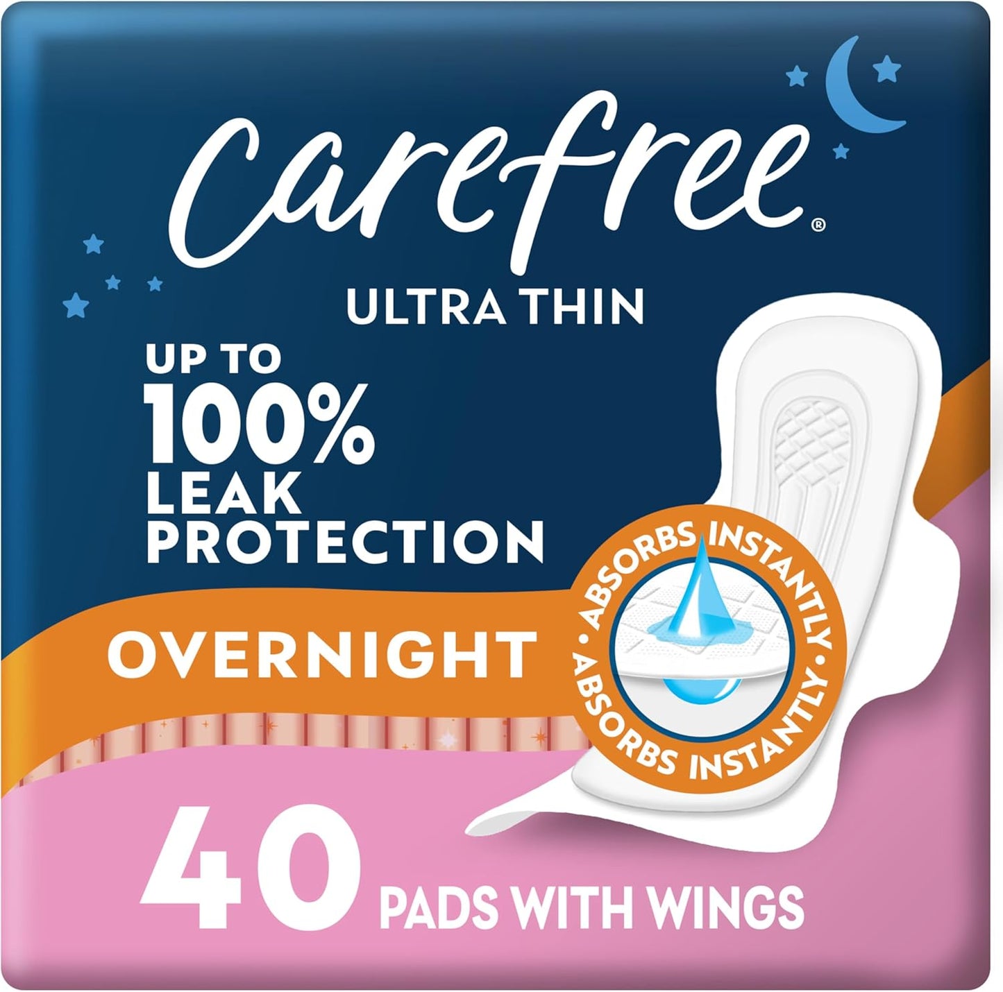 Carefree Ultra Thin Overnight Pads 40 count pack front view