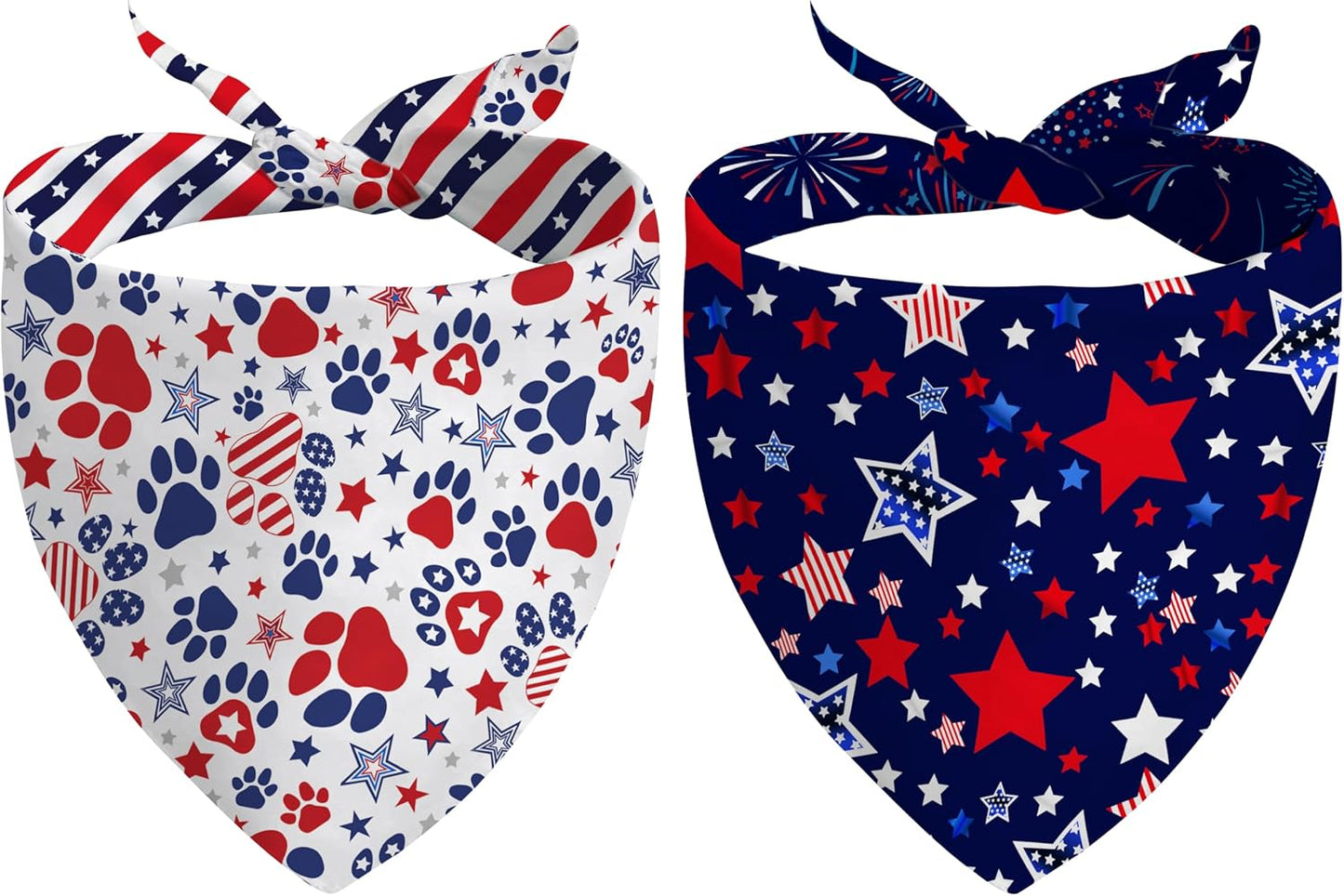 Aienssfwe 4th of July dog bandana front view showing red white and blue patriotic stars pattern