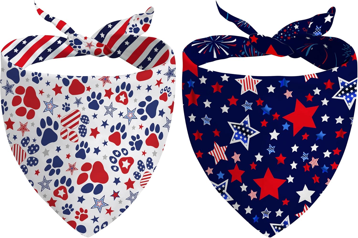 Aienssfwe 4th of July dog bandana front view showing red white and blue patriotic stars pattern