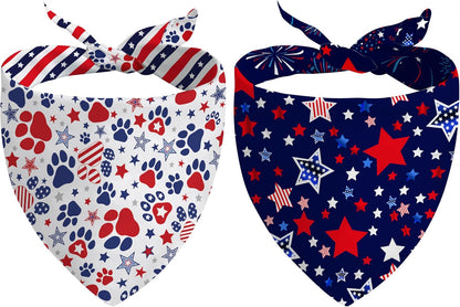 Aienssfwe 4th of July dog bandana front view showing red white and blue patriotic stars pattern