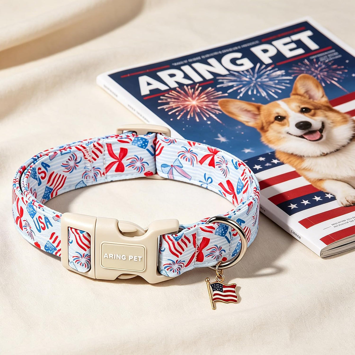Aring Pet Independence Day themed dog collar on a dog.