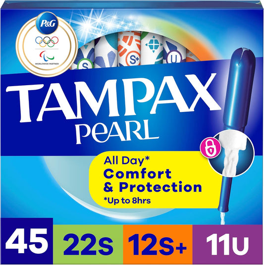 Tampax Pearl Tampons 45 count multipack front view for heavy flow protection.