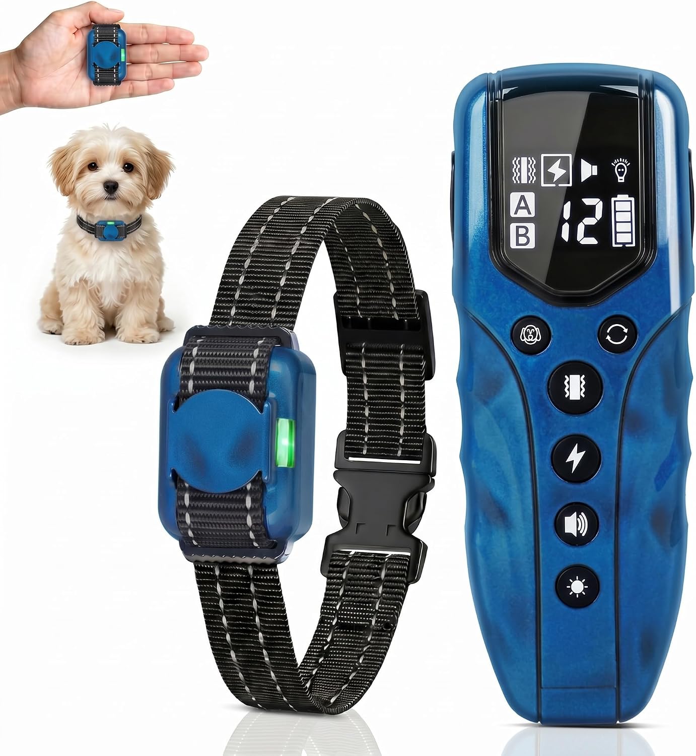 Jeyihka tiniest small dog shock collar blue front view showing the lightweight remote control.