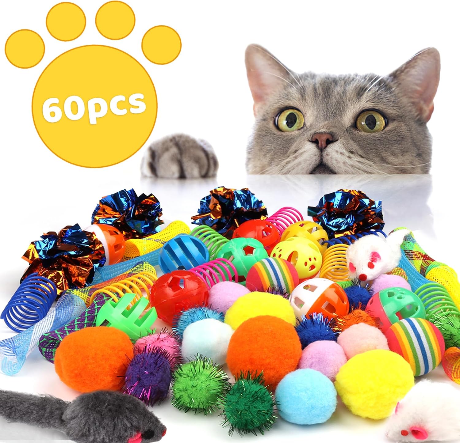 QUOZUO interactive cat toy set showing plush mice and flexible plastic springs