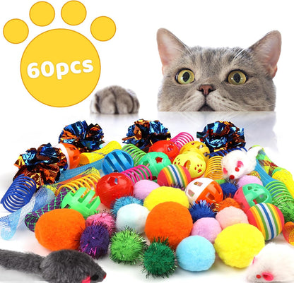 QUOZUO interactive cat toy set showing plush mice and flexible plastic springs