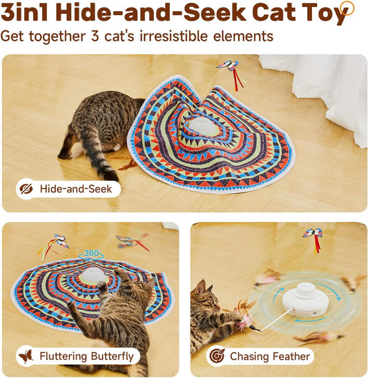 Potaroma rechargeable cat toy with the fluttering butterfly wire wand attachment extended.
