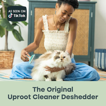 Turquoise blue Uproot Clean deshedder tool for cats and bunnies packaging view