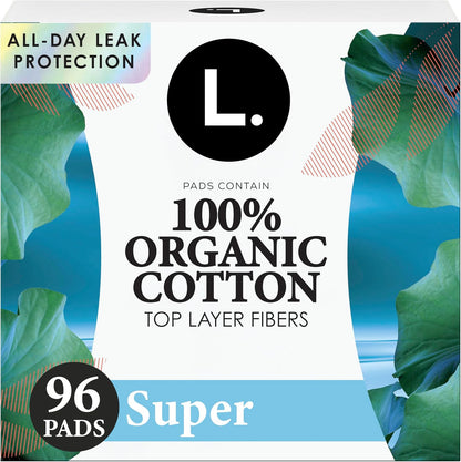 L. Ultra Thin Pads Super Absorbency front view of 96 count packaging.